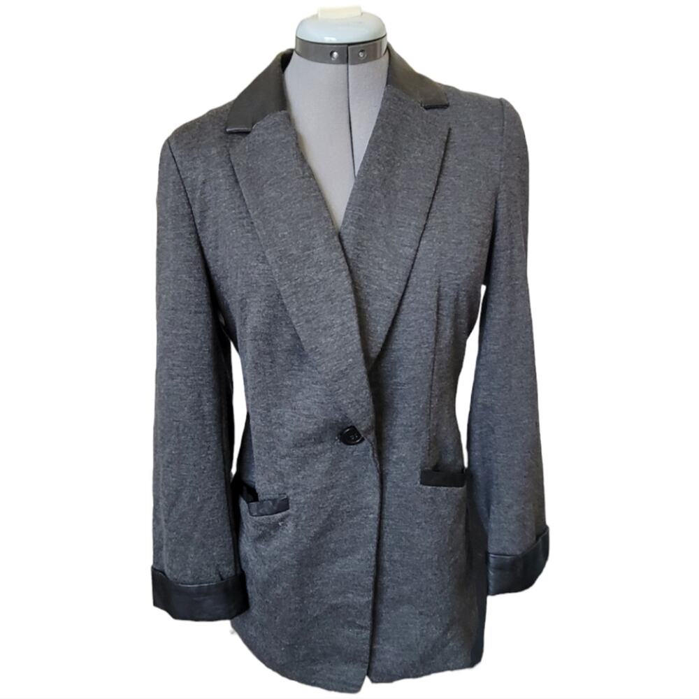 Susan Graver Heathered Gray Blazer Jacket Faux Leather Trim Black Size 6